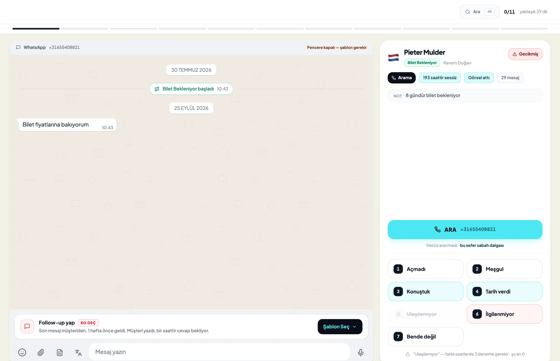 Satış aksiyonu ekranı: sıradaki hasta, follow-up önerisi, arama düğmesi ve sonuç tuşları